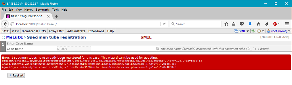 MeLuDI specimen registration page SMIL steps 01 with error message 01 short 80 percent